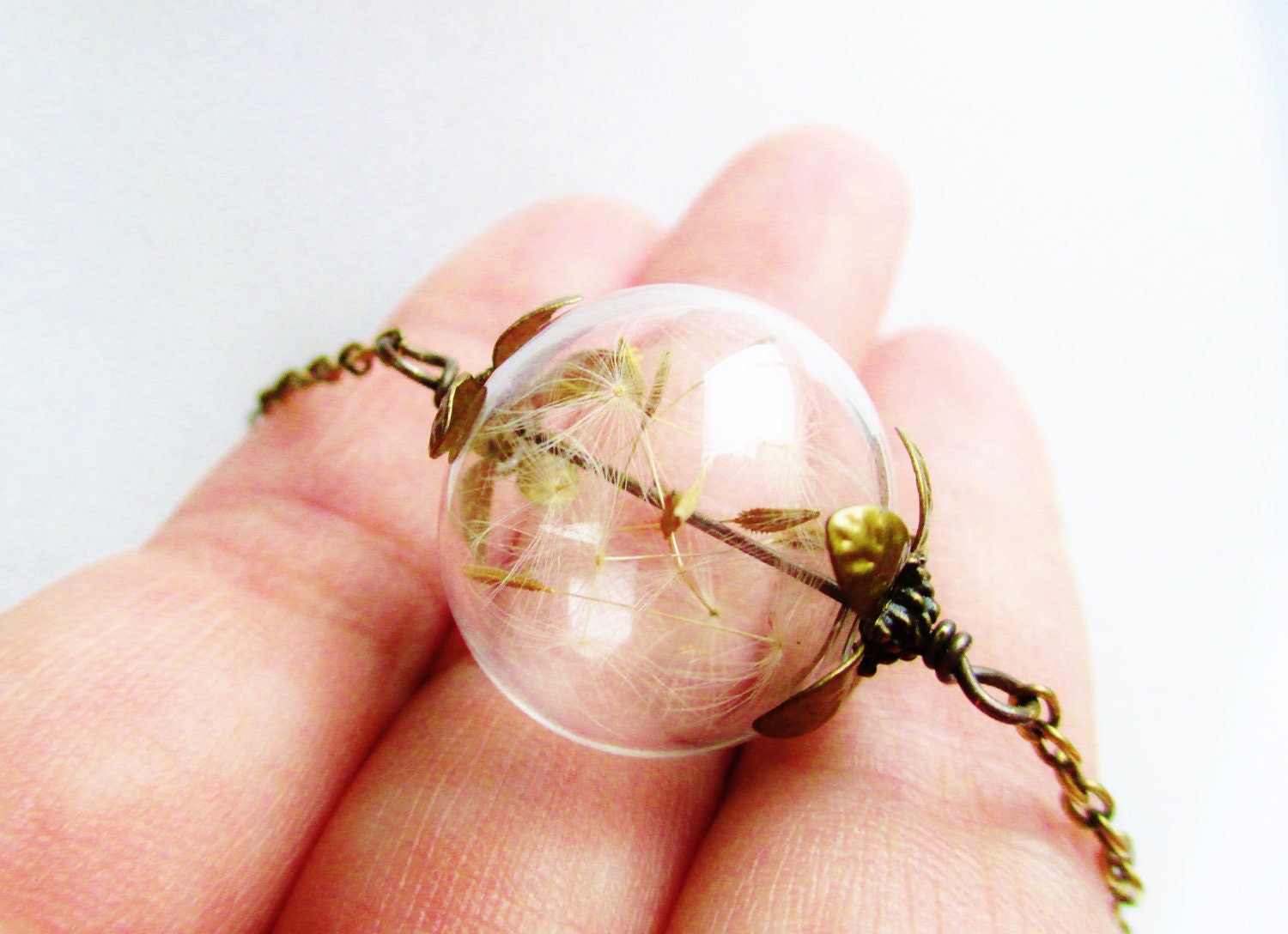 Real Dandelion Seed Glass Orb Necklace In Bronze Medium Orb