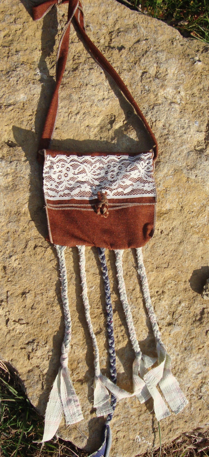 Wearable Art Bag Purse/Messenger Pouch with Braids and Lace Detailing/Boho Tribal