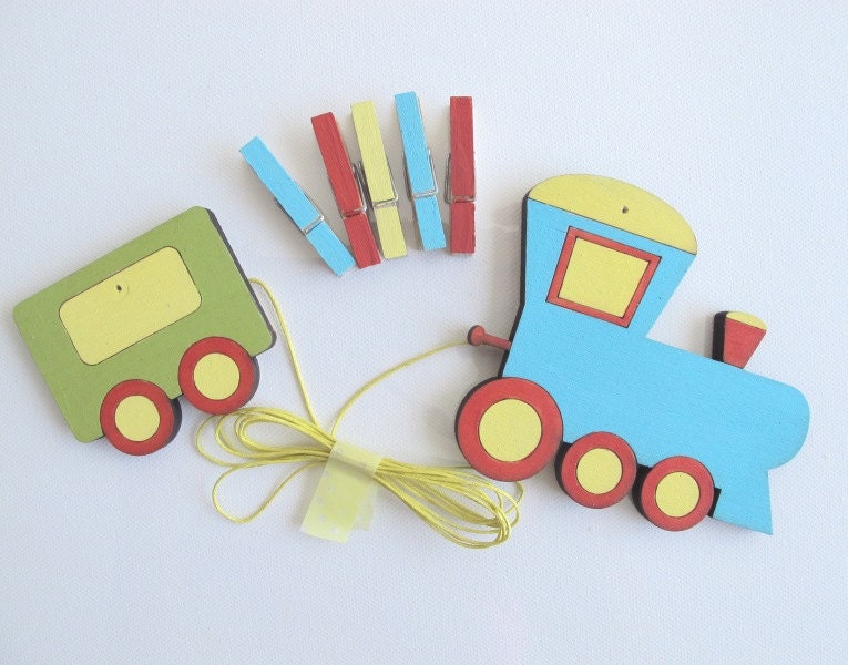 Children's  Artwork display hanger- Train - Blue and red wall art for boys - kids wall decor hangers, transportation wall art