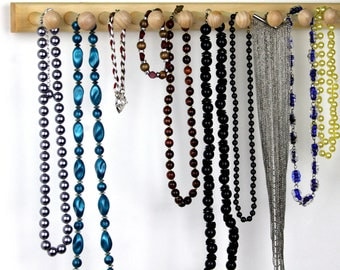 Long Basswood Wooden Hanging Necklace Bar - Bracelet Holder, Jewelry Holder Bar 20", 14 Long Shaker Pegs, Necklace Race.