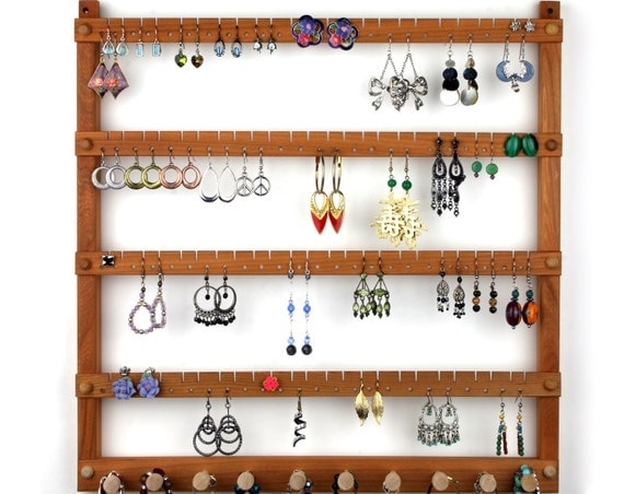 Wood Earring Holder - Jewelry Organizer, Cherry, Wall Mount, plus Necklace Bar. Holds up to 96 Pairs of Earrings plus 10 Jewelry pegs.