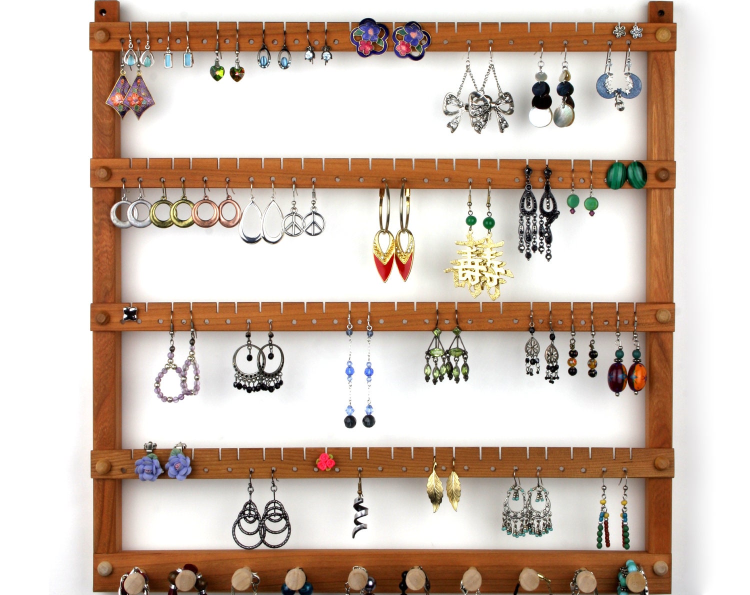 Wood Earring Holder - Jewelry Organizer, Cherry, Wall Mount, plus Necklace Bar. Holds up to 96 Pairs of Earrings plus 10 Jewelry pegs.