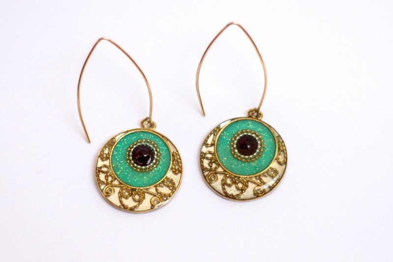 Garnet earrings - Sterling silver earrings inlaid with red garnet gems and decorated with filigree - gold filled hooks - Turquoise dark red