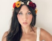 Autumn Flower Crown, Fall Wedding Tiara, Daisy, Gerbera, wedding accessories, bridal flower, red, purple, orange, yellow