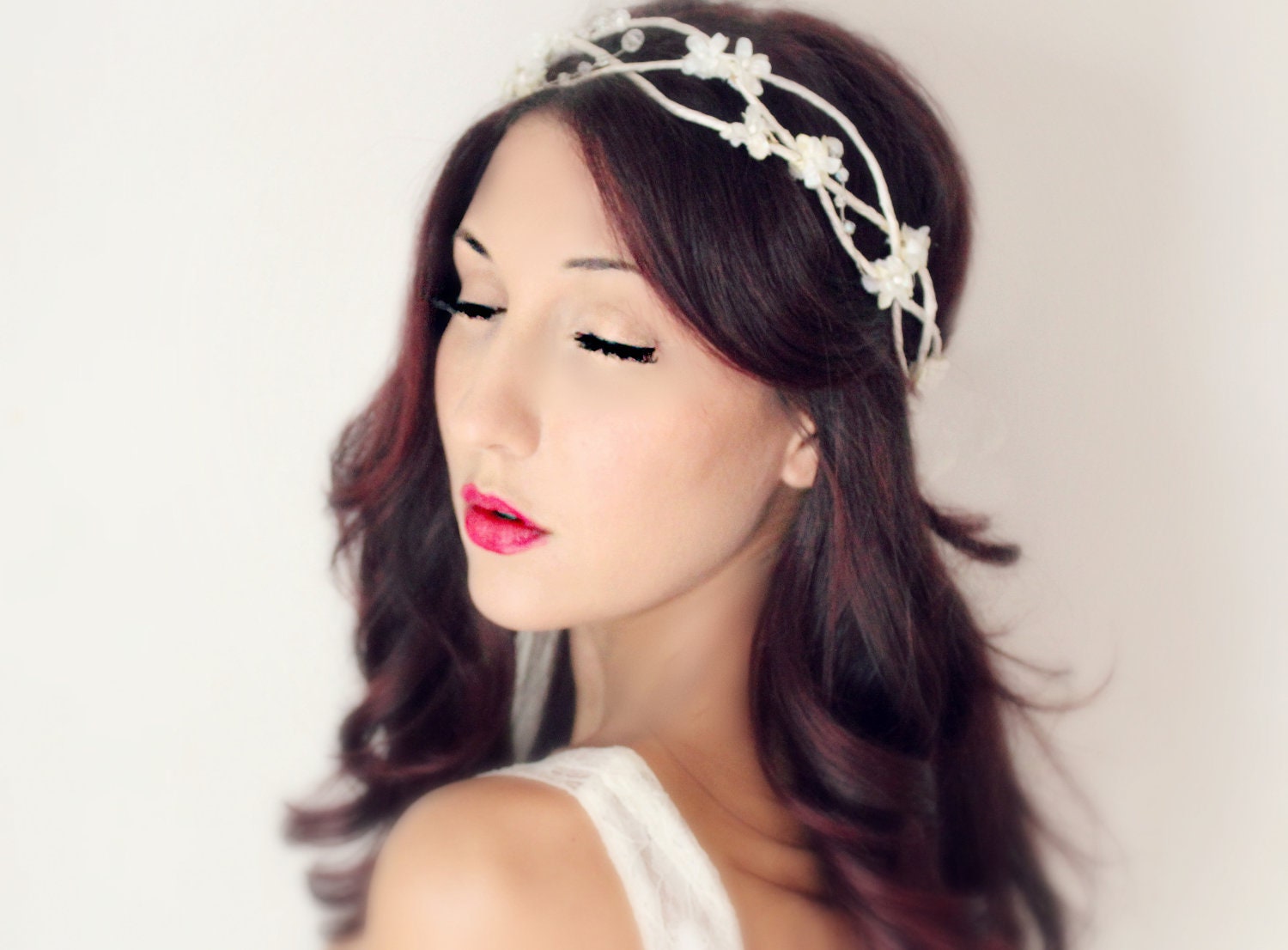 Whimsical Wedding Flower Crown, White Tiara, Crystals, fairy wedding, bridal, flower girl - SOLANGE - -