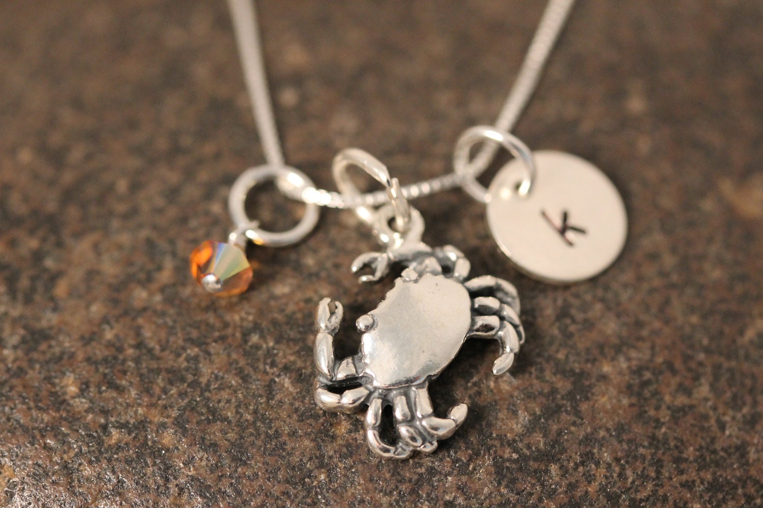 Sterling Silver Mini Initial Hand Stamped Crab Charm Necklace