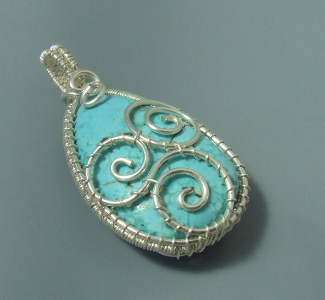 Turquoise howlite pendant, sea wave pendant, silver plated handmade jewelry