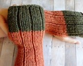 Soft Wool Fingerless Gloves in Olive Green and Burnt Orange Shabby Chic Fashion Gloves