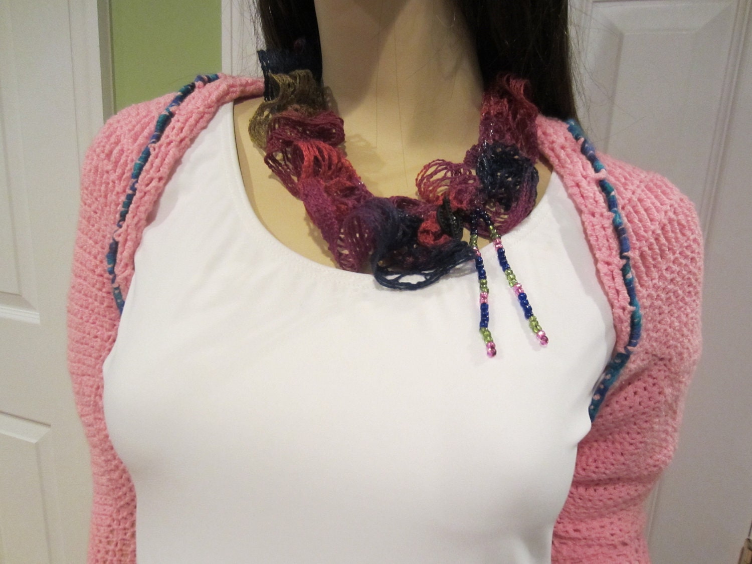 Funky Handmade Scarves , Colorful Funky Scarflette With Black Toggle Beaded Closure