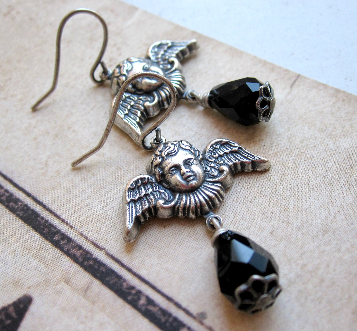 Angel Earrings - Silver - Black - Cherubs - Baroque - Gift Under 30 - Victorian - Wings - Babies