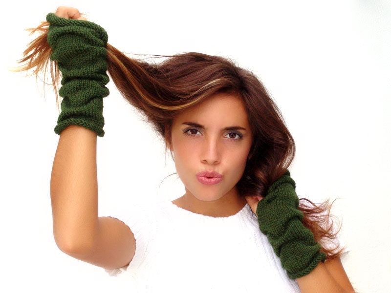 Dark Green  knit fingerless gloves,  Mittens, Arm Wrist Warmers - Lasunka
