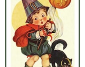 Child Witch Costume Black Cat Pumpkin Happy Halloween Counted Cross Stitch Chart / Pattern from Antique Victorian Card  FREE Shipping