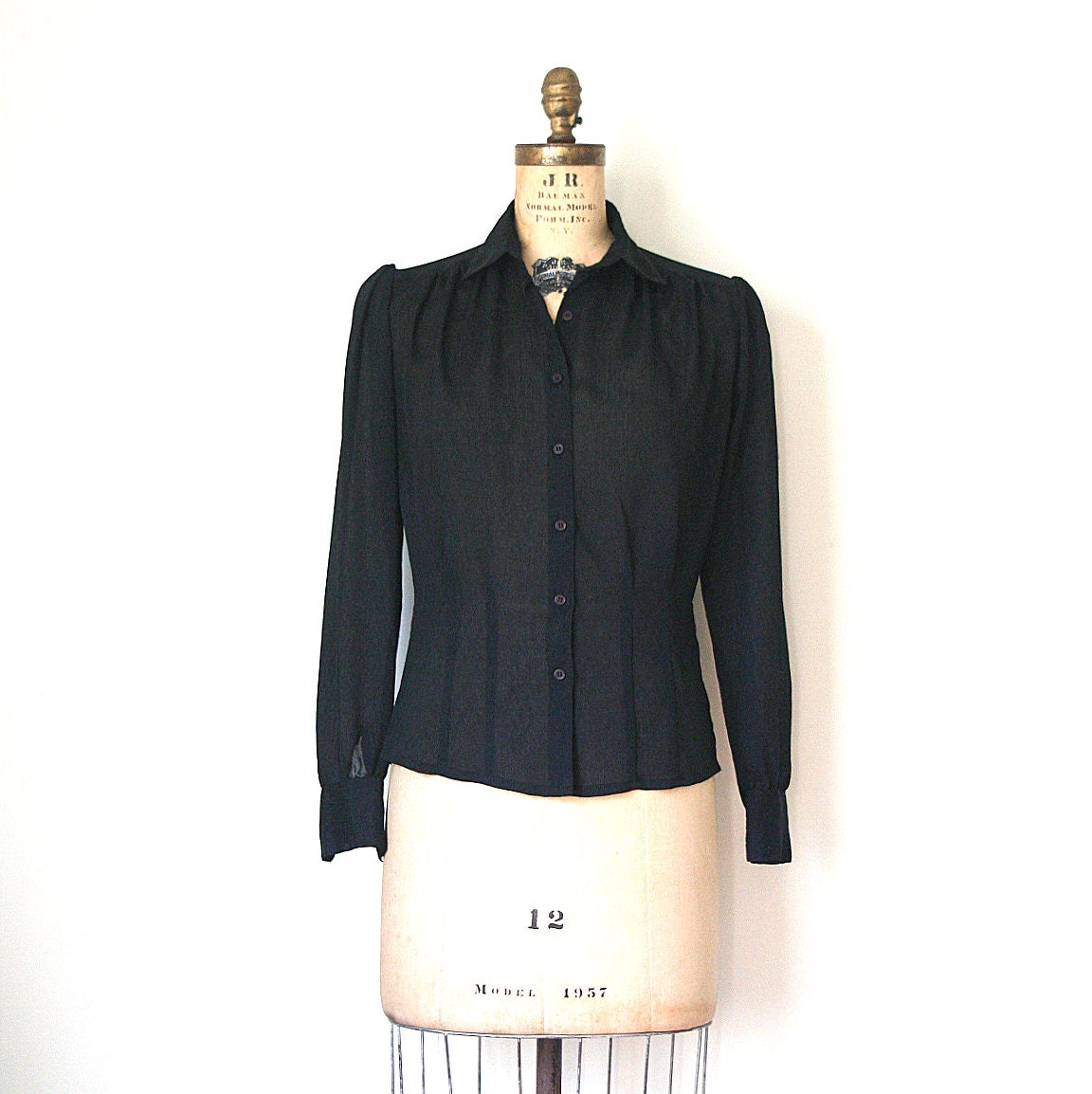 ladies blouse / fitted SECRETARY sheer black PUFF SHOULDERS vintage 1980's