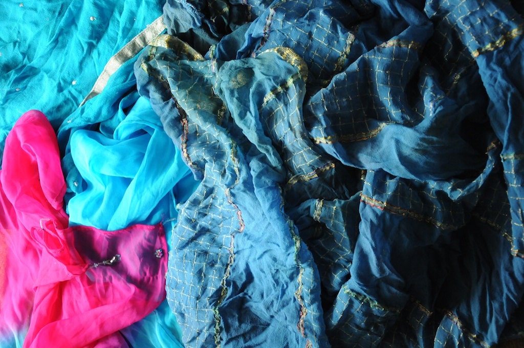 Bundle of Indian Sari Fabric, silk chiffon 3 Complete Sarees, turquoise blue pink material for crafts, accessories ribbons
