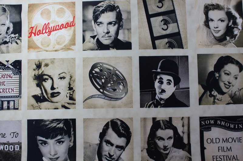 Hollywood,vintage cinema,old movies printed heavy weight polyester viscose upholstery fabric-Half Yard