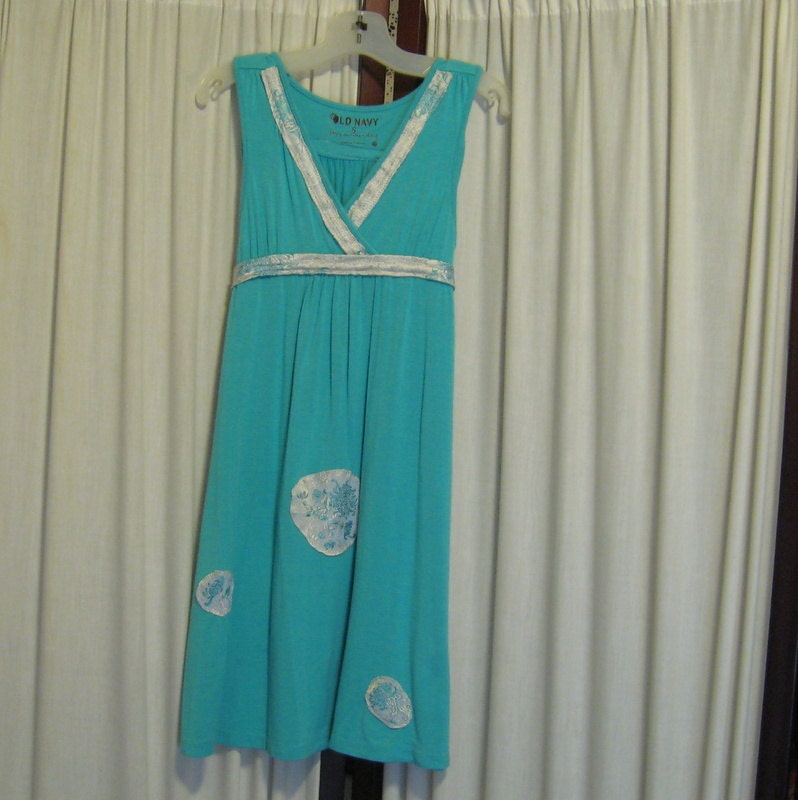 Reconstructed Recycled EcoFriendly Girls' Dress Sleeveless Sz Small Turquoise with Oriental Asian White and Turquoise Awesome