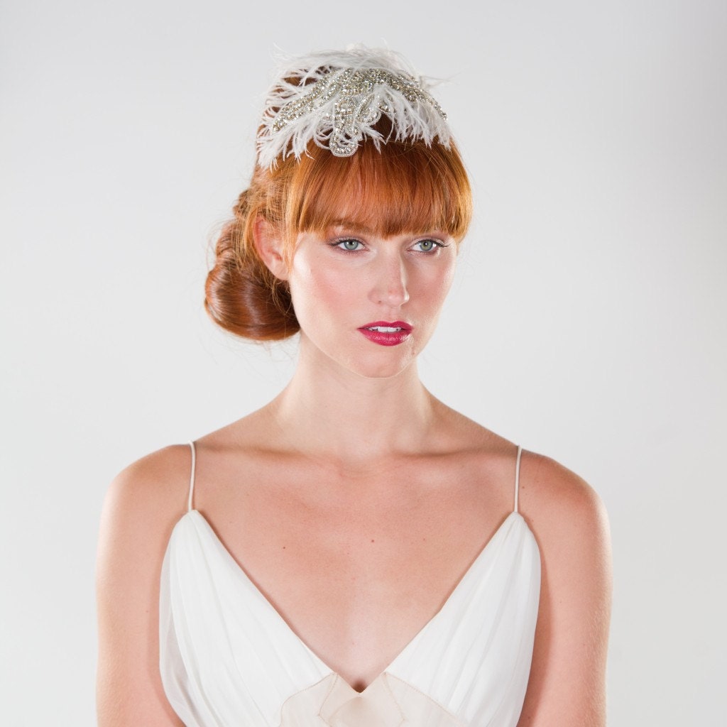 Vintage Retro Inspired Feather and Rhinestone Applique Fascinator