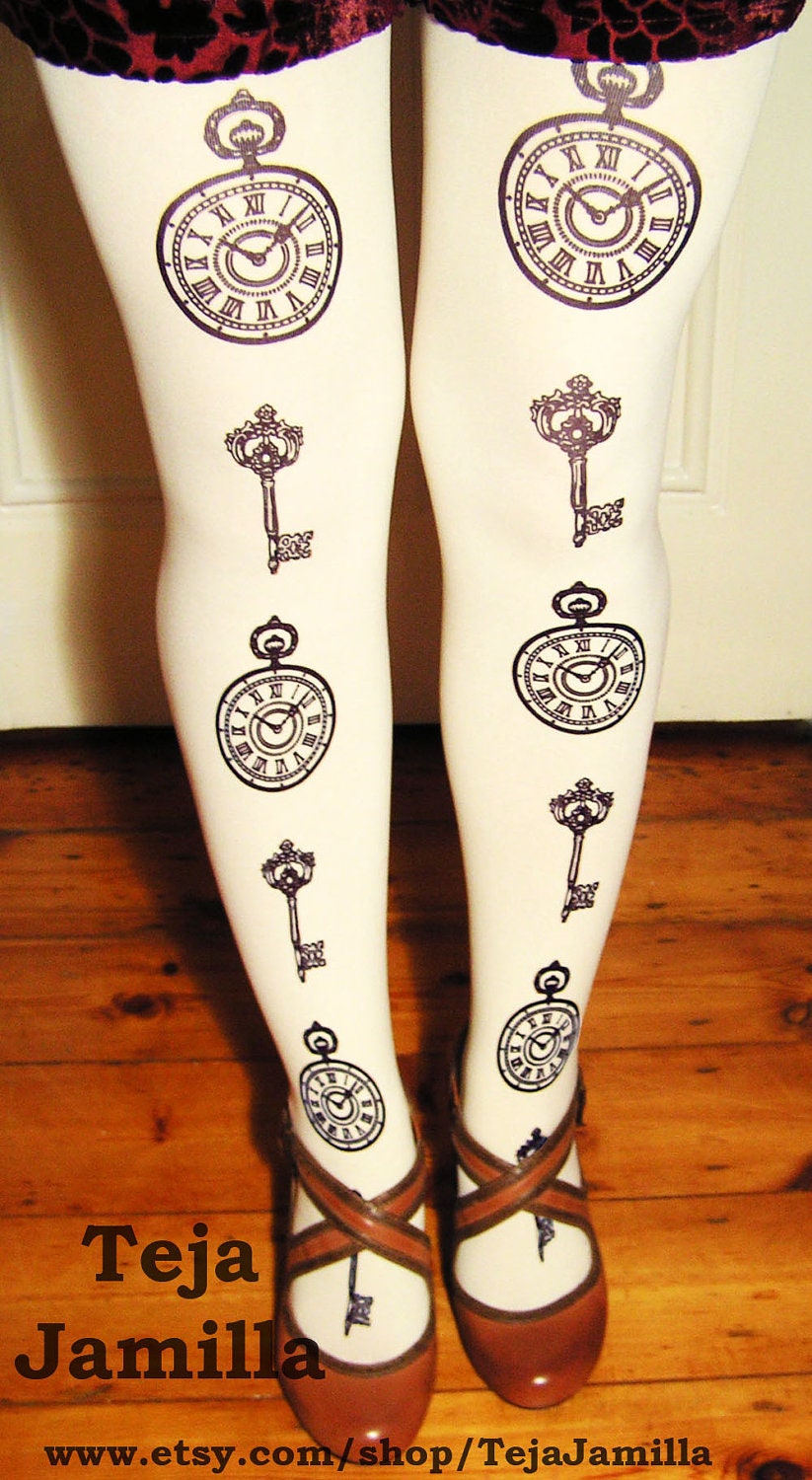 Pocket-Watch & Keys Printed Tights Plus Size Extra Large Black on Lavender Lilac Pastel Purple Womens Victorian Gothic Lolita Steampunk