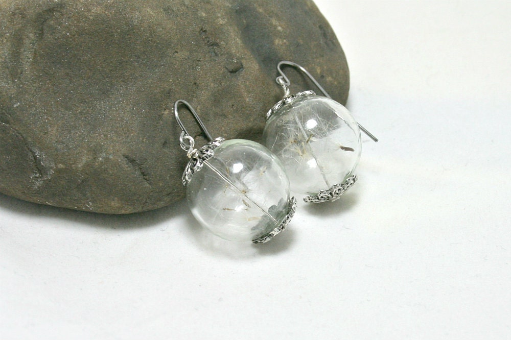 Dandelion Seeds Clear Glass Orb , earrings, make a wish