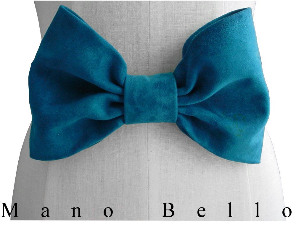 Big Leather Bow Belt Turquoise Suede Wedding Dress Sash  Alice in Wonderland, S,M, L in stock