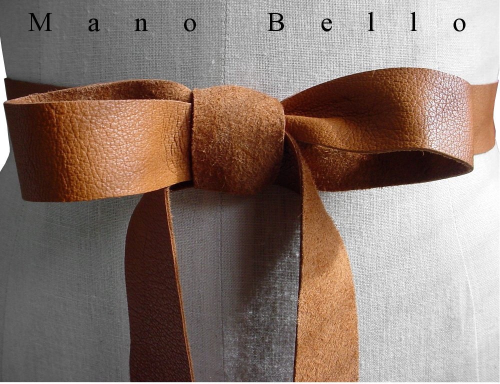 Honey Tan Leather Ribbon Bow Belt Caramel Leather Strap, size Medium 29 - 31 waist size in stock