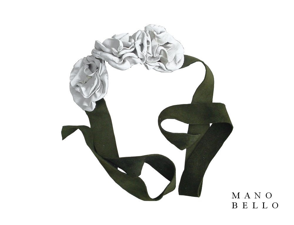 Leather Flowers Headband or Choker or Sash Tie-On Olive Suede with Oyster White Leather Flowers in stock