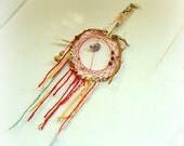 Scrappy OOAK baby mobile - gorgeous sweet dreamcatcher with fabric scraps, seashells and petite gourd