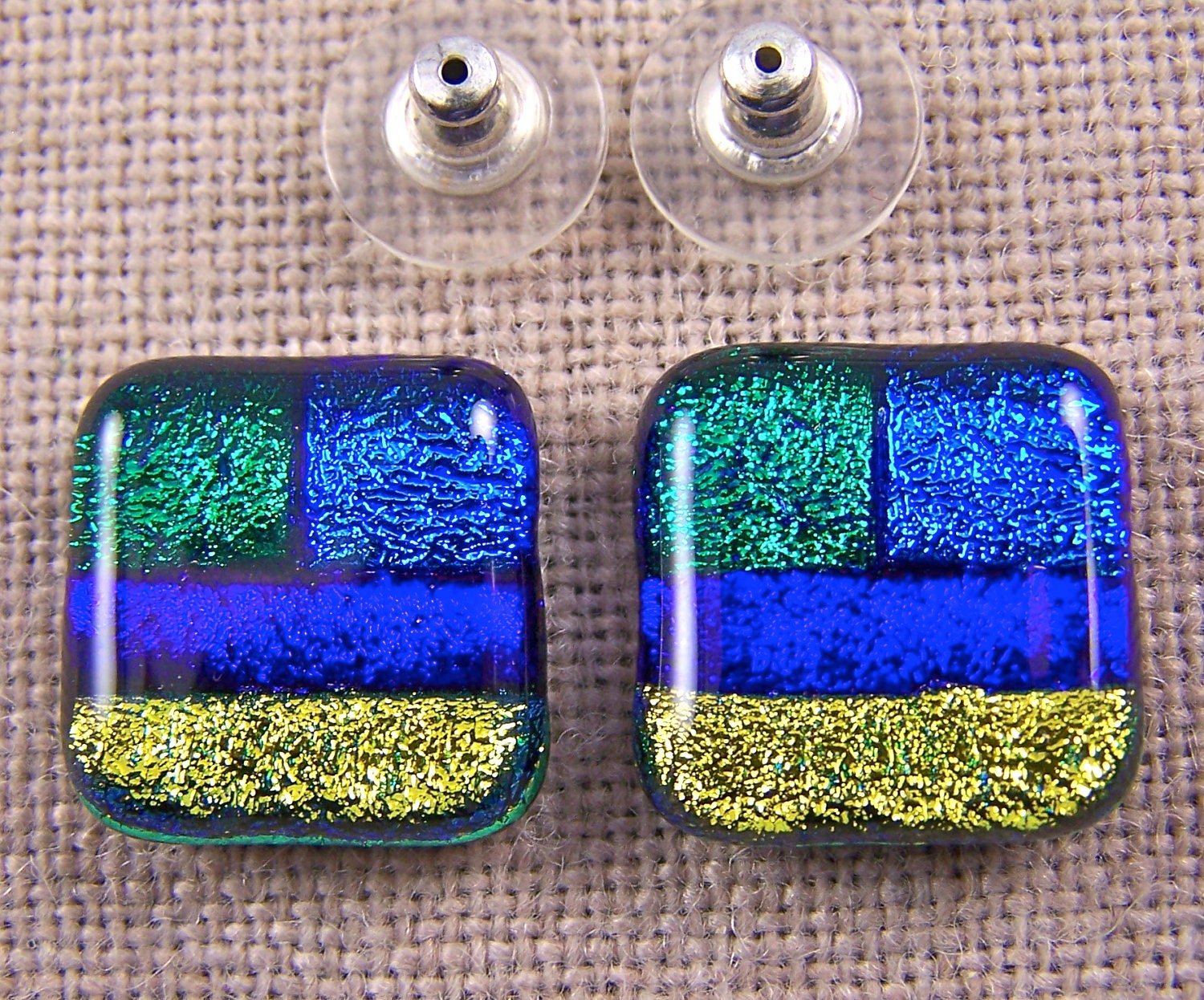 Dichroic Glass Patchwork Earrings - Blue Gold Green Teal Cobalt Yellow - BIG 3/4" / 2cm - Large Post or Clip-On