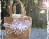 Burlap And Bling Flower Girl Basket - Rustic Weddings - Cottage Shabby Chic Wedding - Pearls, Rhinestones, White Feather - Beige Tan Neutral