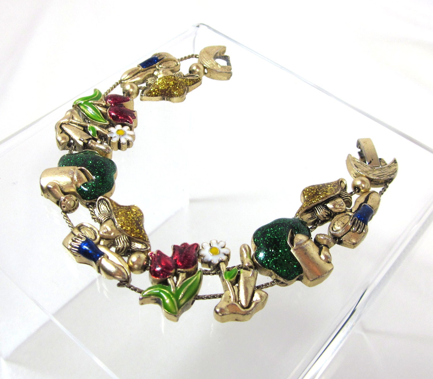 Vintage Enamel Slide Bracelet with Art Deco Lady Gardener