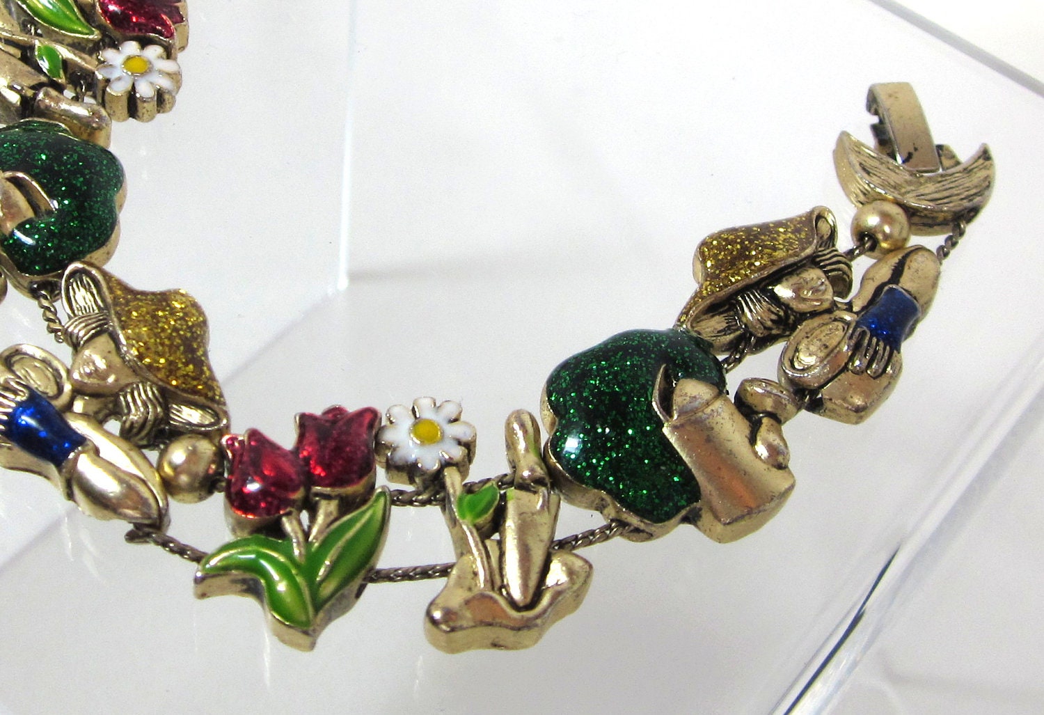 Vintage Enamel Slide Bracelet with Art Deco Lady Gardener