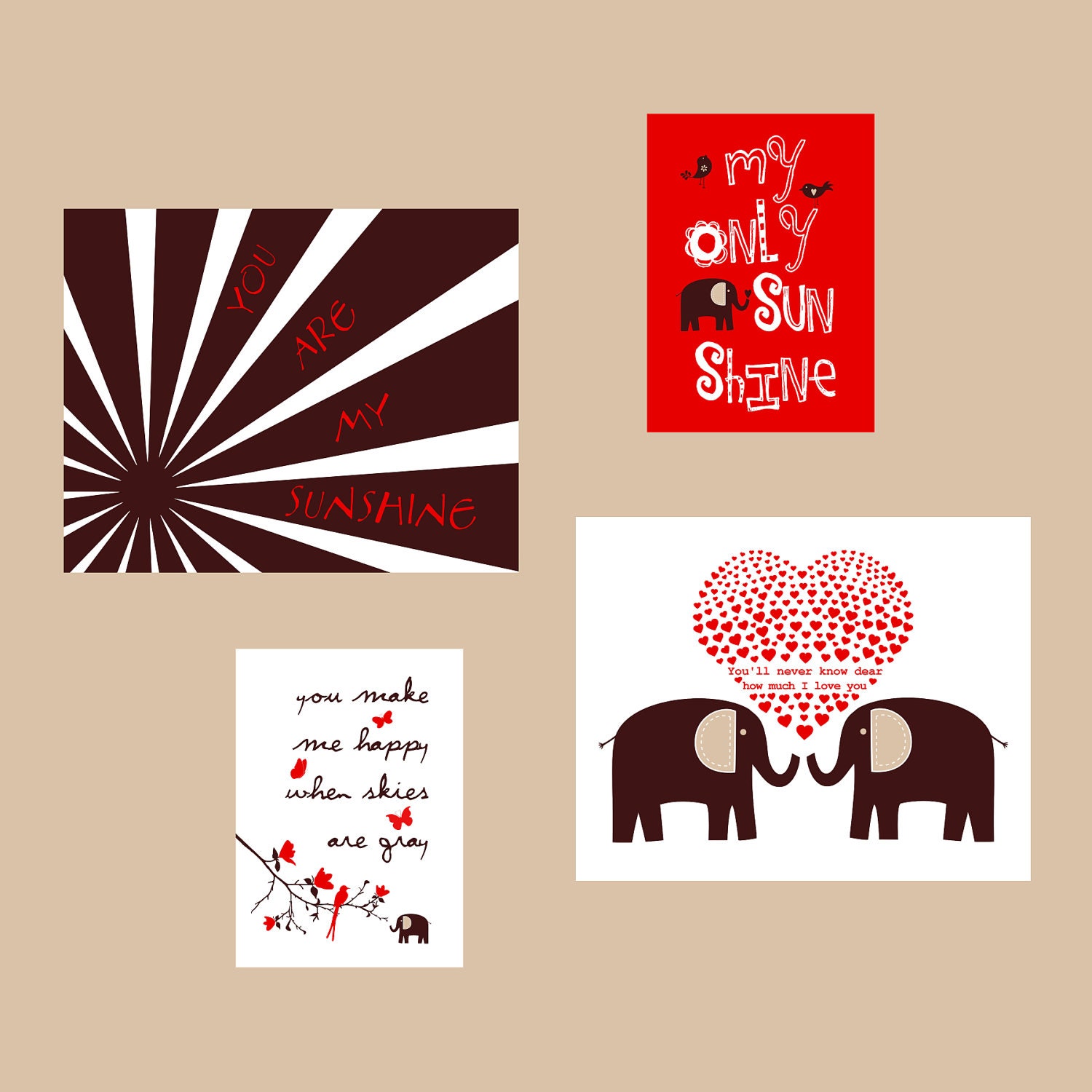 You Are My Sunshine Brown and Red Elephant Print Set for girl or boy  8x10 and 5x7 - Eclectic style Gallery wall Art - YassisPlace
