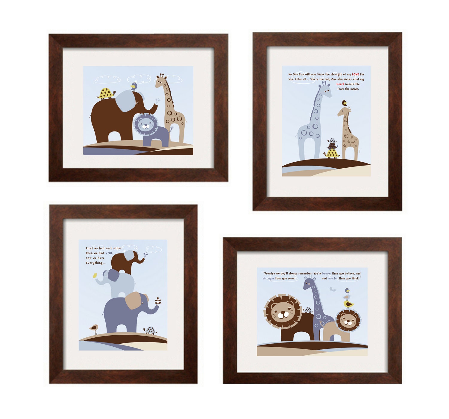 Winnie the Pooh Quote, Elephant, giraffe, lion, turtle, bird 4 art prints with Quotes 8x10 for Bradley Bedding First We Had Each Other Print