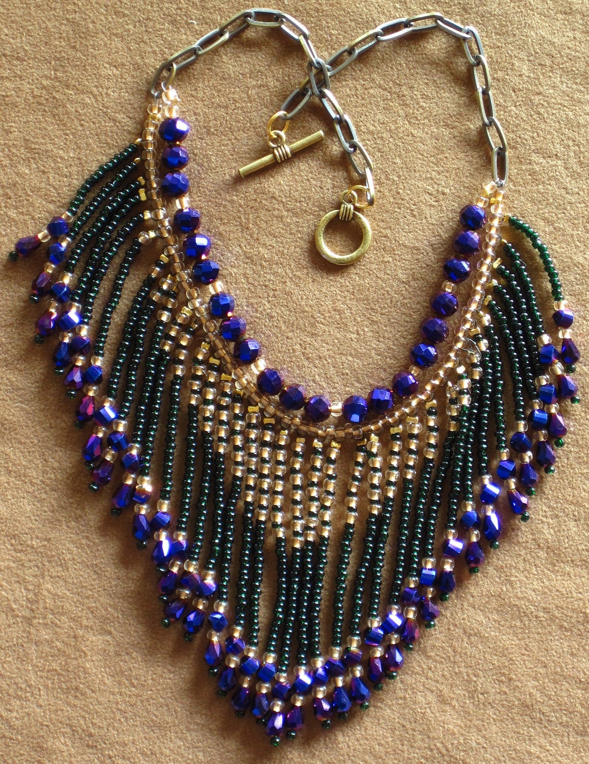 PRICE REDUCED Native American tribal style fringed beaded necklace in blue violet, gold and forest green