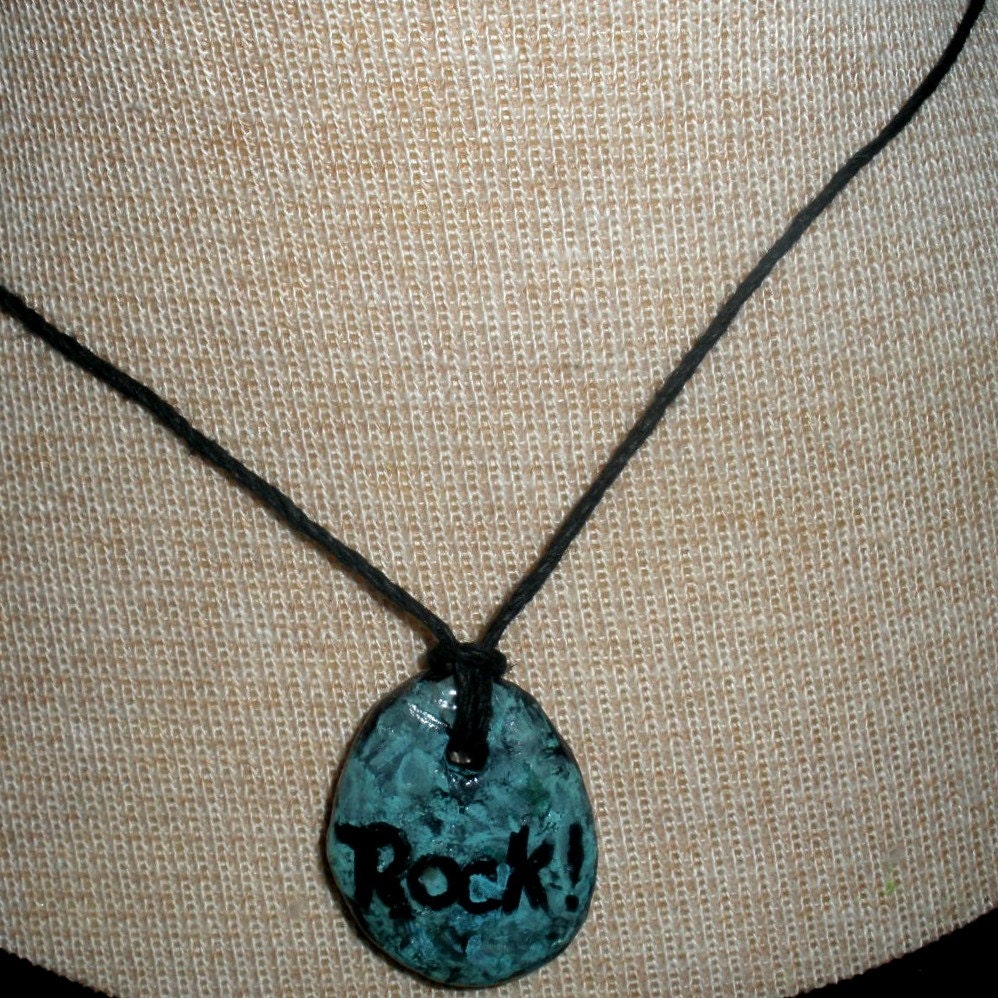 Unisex Hand Painted Rock Star Pendant - Blue n Black - Geekery, Rocker, Organic Pebble - Reversible Personalized Rock - Black Hemp Cord