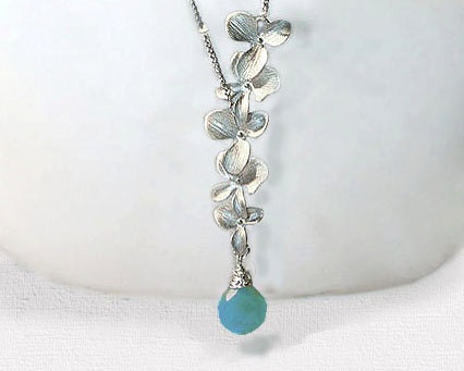 Spearmint. Orchid chain necklace with five flower pendant and blue green chalcedony chain necklace