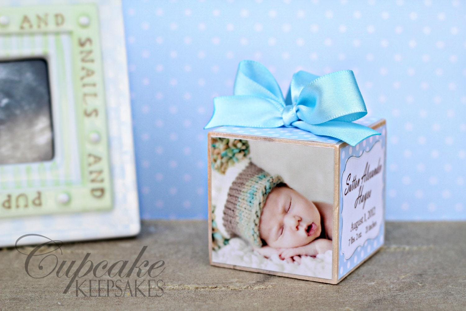 Personalized Photo Keepsake Baby Blue Polka Dots Birth Announcement Gift
