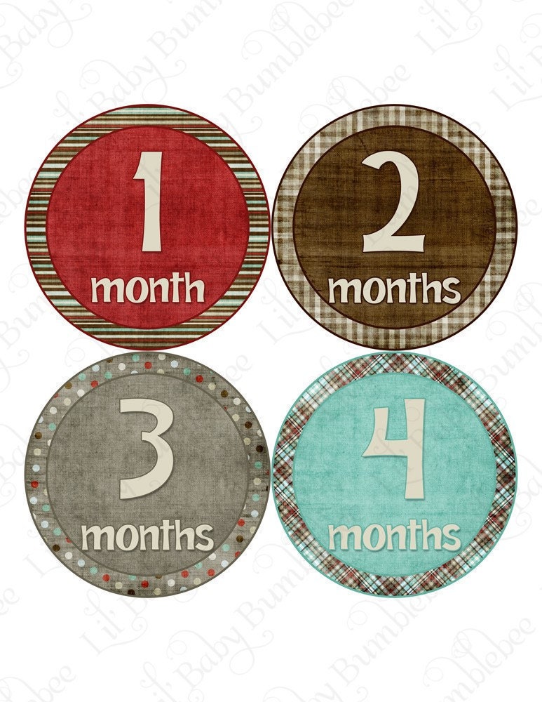 Monthly Onesie Stickers - Christopher - Red, Brown, Blue, Gray Stripes, Dots, Plaid - Baby Month Stickers