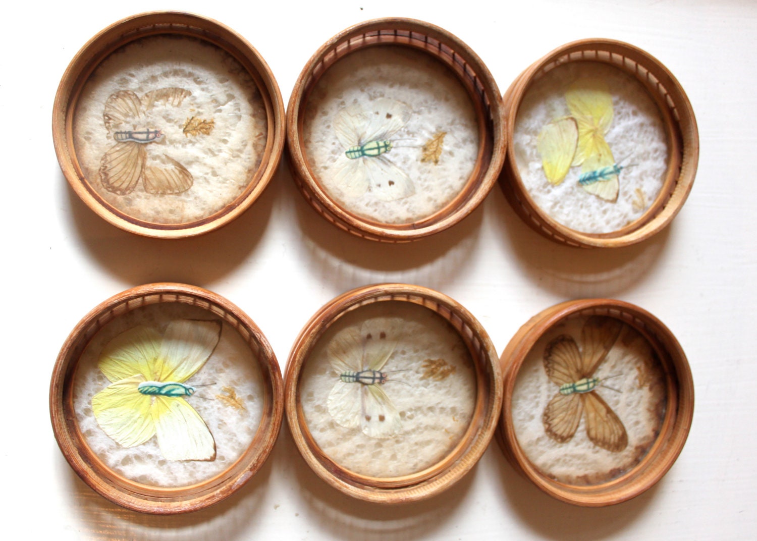 Set of Vintage Bamboo Coasters with Butterflies