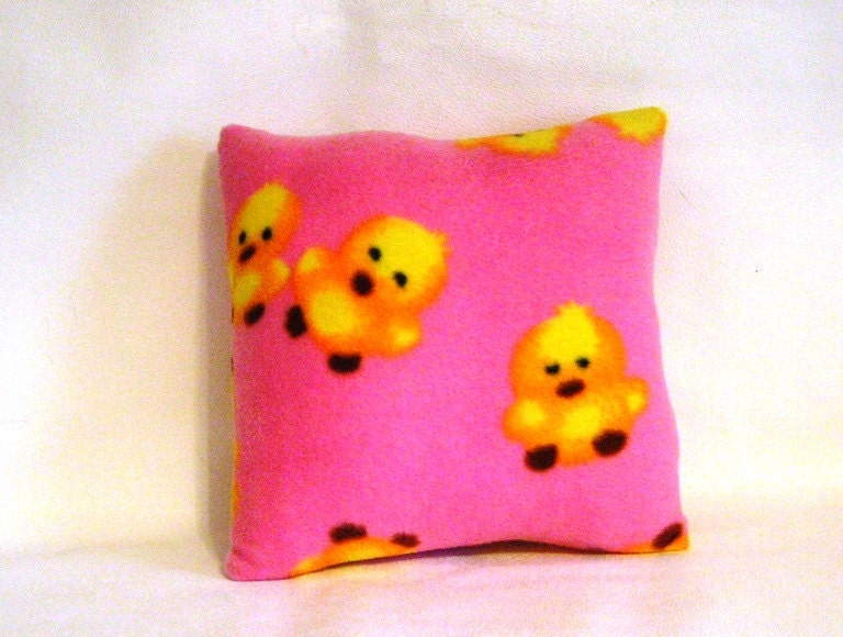 Childs Throw Bed Pillow Pink Fleece with Yellow Chicks