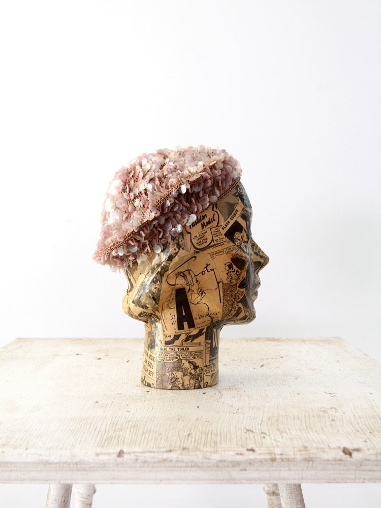Vintage Sequin Beret / 1960s Pink Sequin Hat