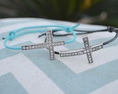 Sideways Rhinestone Cross Leather Adjustable Bracelet