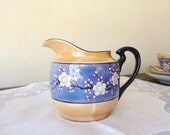 Vintage China - Japanese Lusterware Tea Set - Orange and Blue with White Cherry Blossoms Hand Painted Lustreware