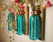 Colored Square Glass Bottle Trio each mounted on Recycled wood for unique rustic wall decor bedroom decor kitchen decor