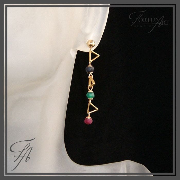Red Ruby Green Emerald Blue Sapphire Dangle Earrings in Gold Fill Drop Stone Handmade Long Handcrafted