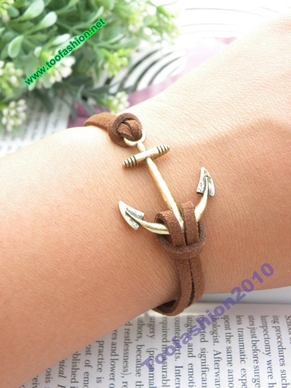 SALE Pretty retro copper 3d anchor with brown leather hand chain bracelet pendant jewelry punk style