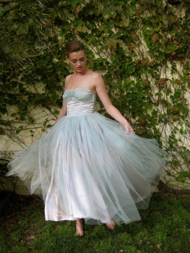 1950s Pale Blue Cinderella Gown with Rhinestones -- Extra Small - Small