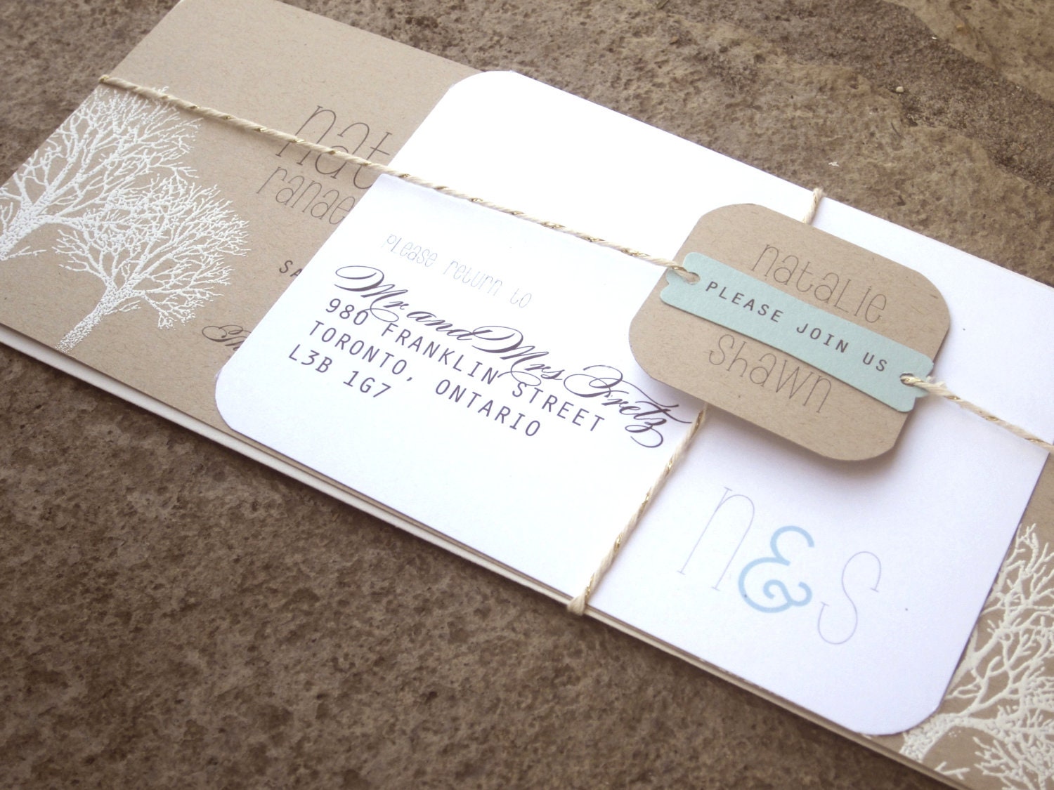 SALE:  Wedding Invitation - Rustic White trees on kraft - Panoramic invitation - Natalie Collection-  SAMPLE