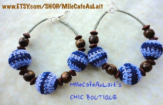 Denim Blue Crocheted Knit Walnut Wood Beaded Hoop Earrings - COMFY COZY
