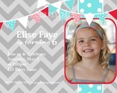 Chevron Bunting Photo Invitation Birthday Printable Grey Red Pink Teal
